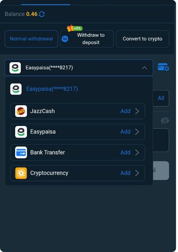 1million Game withdrawal process on Android
Easypaisa
Jazzcash
Bank Transfer
Cryptocurrency
