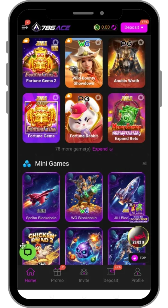 How Excess 786Ace Game mobile application dashboard?