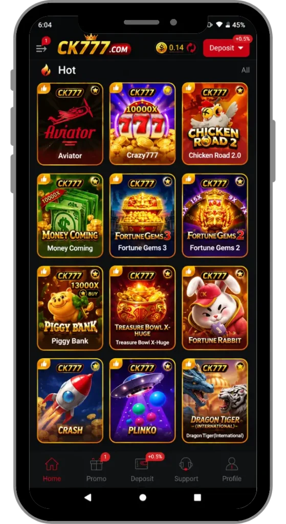 CK777 Game updated dashboard with slots, casino categories, and user menu