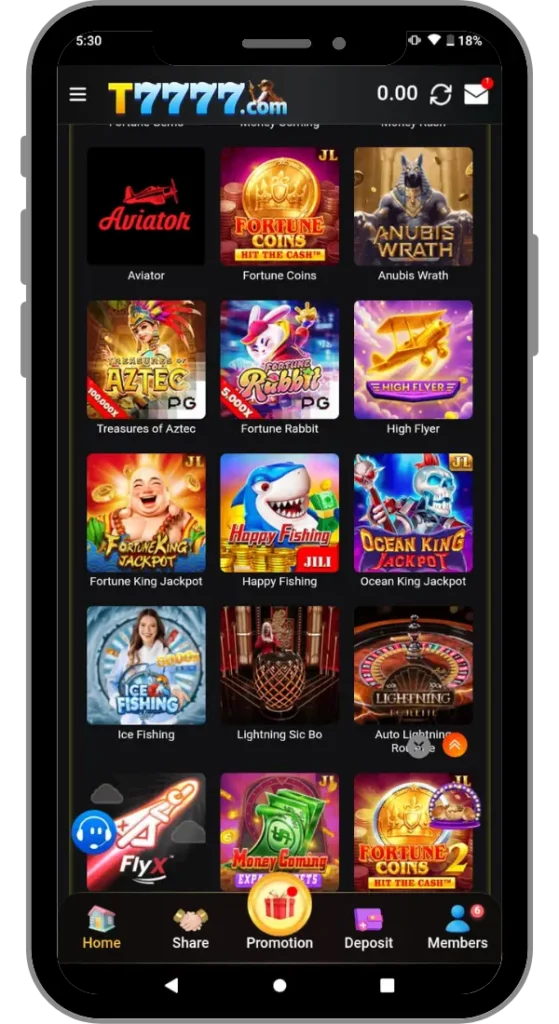T7777 Game User account home screen
