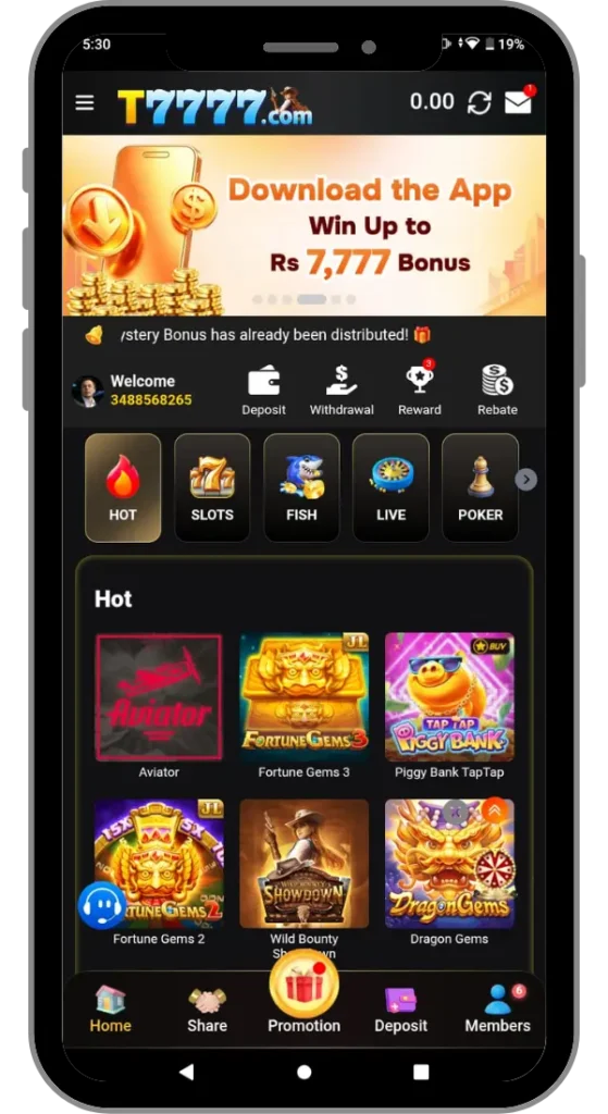 T7777 Game dashboard with account overview