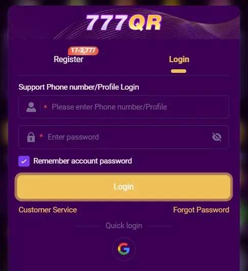 777QR Game registration process for new users