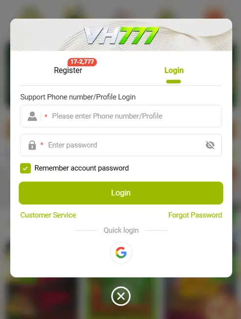 VH777 Game APK Registration Screenshot